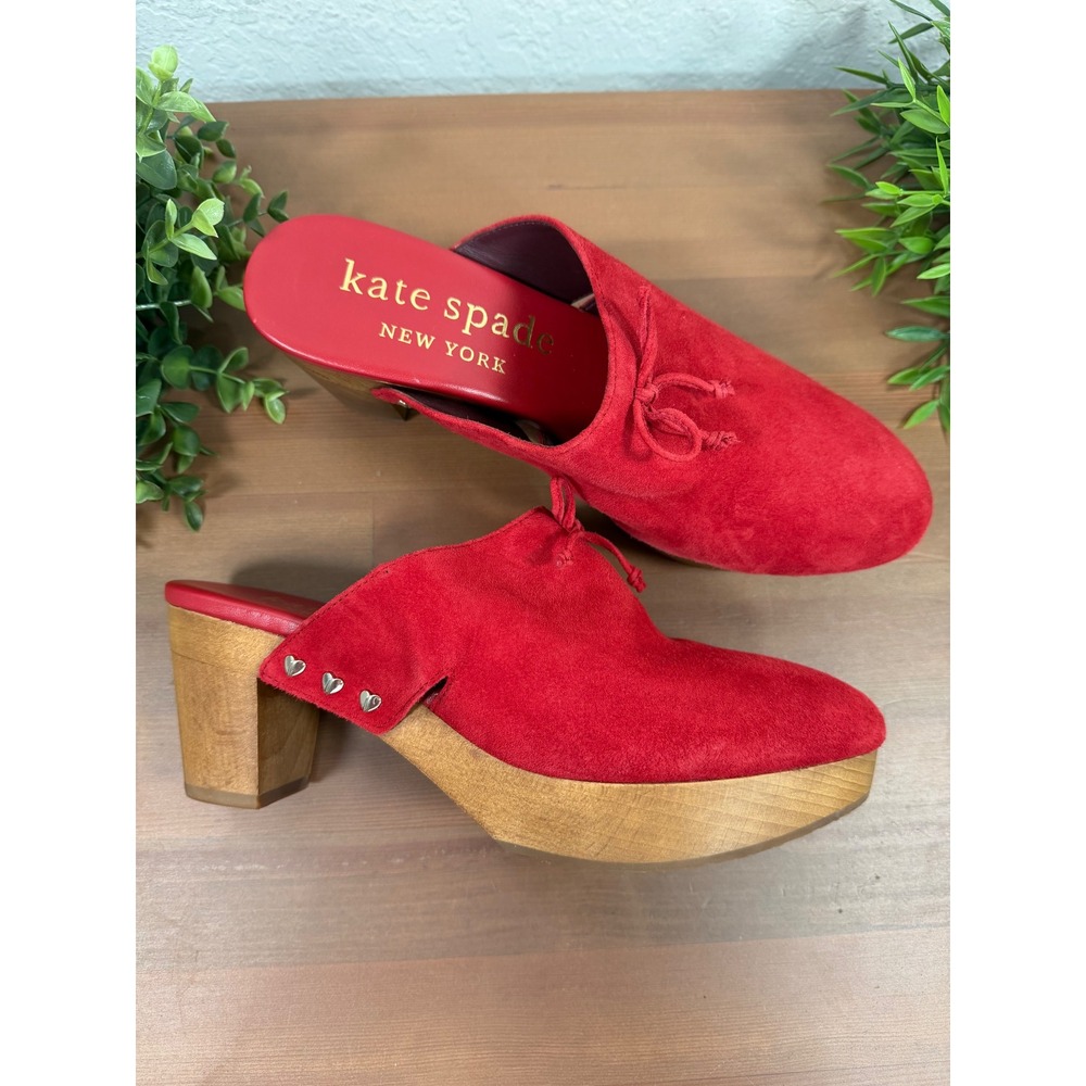Kate Spade Womens Amsterdam Red Suede Studded Platform Clog Mules Size 7.5